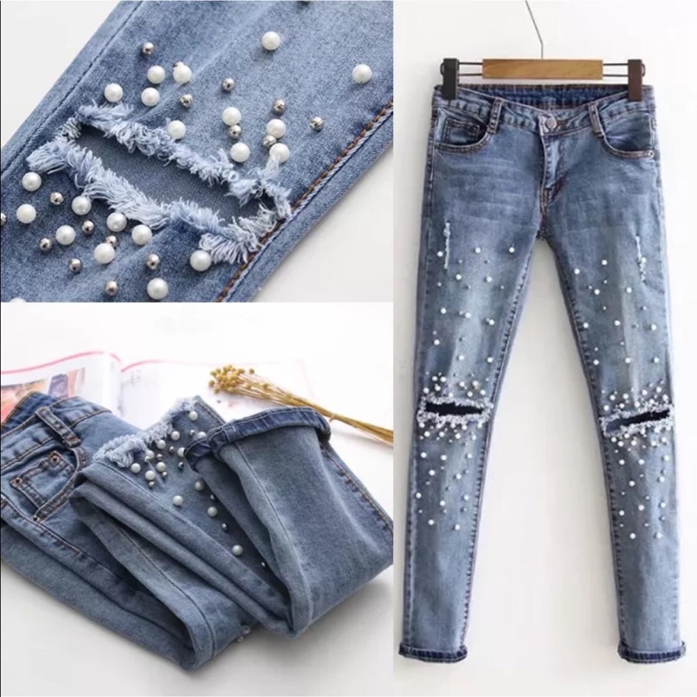 Pearl embellished skinny jeans